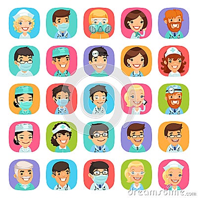 Doctors Cartoon Characters Icons Set Vector Illustration