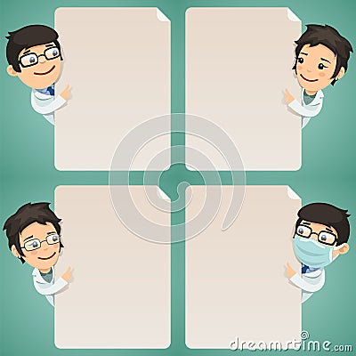 Doctors Cartoon Characters Looking at Blank Poster Set Vector Illustration
