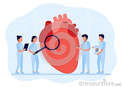 Doctors check the health of heart organ. Medical examination of heart. Heart disorders. Cardiology. Vector flat illustration Vector Illustration