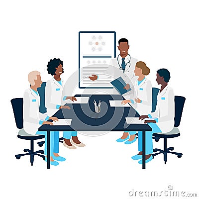 Team of doctors confer, study, hold a conference, training or cosilium Vector Illustration