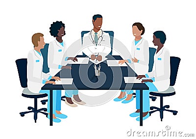 Team of doctors confer, study, hold a conference, training or cosilium Vector Illustration