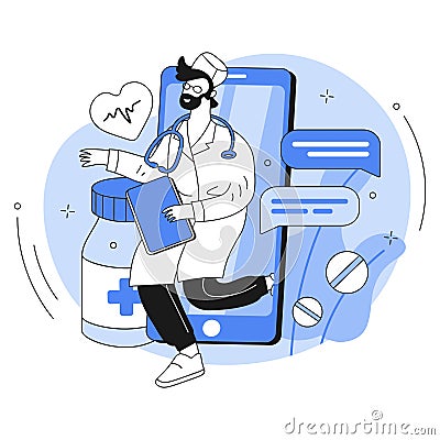 doctors consultation on the phone the doctor comes out of the phone medicine Vector Illustration