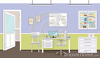 Doctors consultation room interior in clinic. Hospital working in healthcare concept. Empty medical office design Vector Illustration