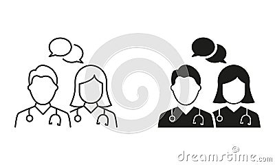 Doctors Consultation with Speech Bubble Line and Silhouette Icon Set. Physicians Speak Healthcare Chat Pictogram. Medic Vector Illustration