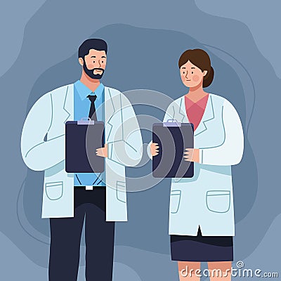 doctors couple with clipboard Vector Illustration