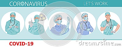 Doctors fighting against corona virus Vector icons. Pandemic epidemiology infectious diseases Vector Illustration