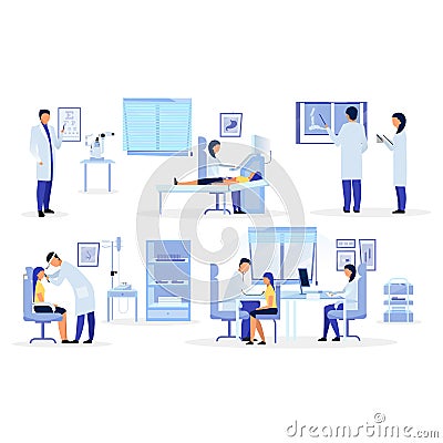 Doctors, general practitioners, therapists flat illustrations set. Medical workers diagnosing cartoon characters. Orthopedist, Vector Illustration