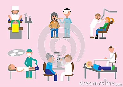 Doctors gynecologist, otolaryngologist, dentist, oculist, traumatologist, psychotherapist treatment Vector Illustration