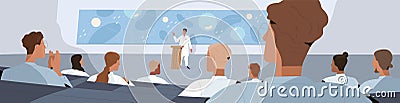 Doctors listening to lecture of scientist during medical conference. People at healthcare congress. Colored flat cartoon Vector Illustration