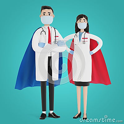 Doctors man and woman in superhero costume. Cartoon Illustration