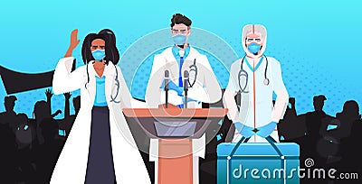 doctors in masks giving speech at tribune with microphone fight against coronavirus medical conference Vector Illustration