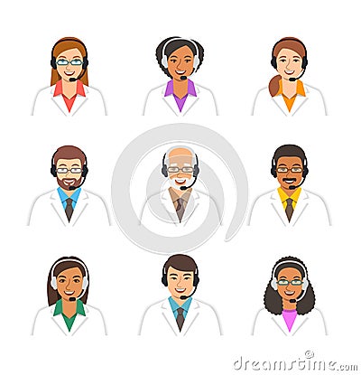 Doctors medical call center operators vector icons Vector Illustration