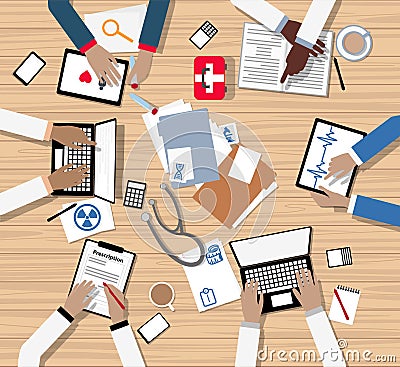 Doctors and Medical Professionals Meeting around Boardroom Table Vector Illustration