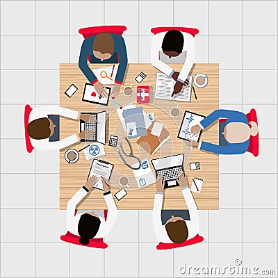 Doctors and Medical Professionals Meeting around Boardroom Table Vector Illustration