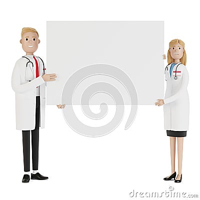 Doctors. Medical specialists man and woman holding blank poster. Cartoon Illustration