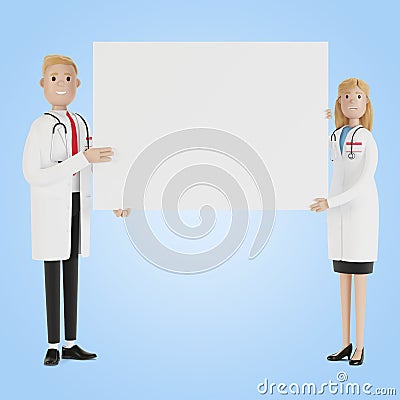 Doctors. Medical specialists man and woman holding blank poster. Cartoon Illustration