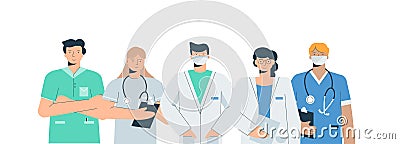 Doctors in medical uniforms set. Fearing doctors with coronovirus reception anesthesiologist therapist surgeon. Vector Illustration