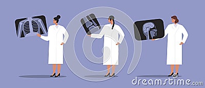 Doctors with MRI images of lungs, brain, joint, flat vector stock illustration with computer tomogram or MRI and doctors isolated Cartoon Illustration