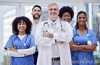 Doctors, nurses and arms crossed portrait in diversity hospital, about us or leadership in people trust, community or Stock Photo