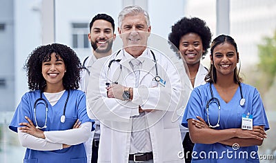 Doctors, nurses or arms crossed portrait in hospital diversity, about us or leadership in people trust, community or Stock Photo