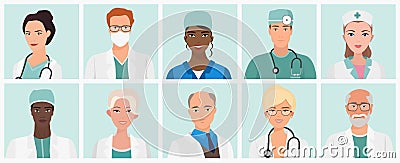 Doctors and nurses avatars set. Medical staff icons. Vector illustration. Vector Illustration