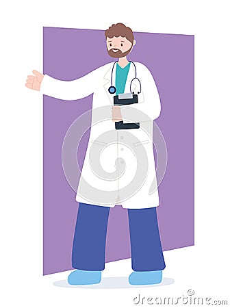 Doctors and nurses, bearded male physician with uniform and clipboard Vector Illustration