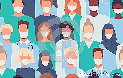 Doctors, nurses, healthcare workers, medical staff. Vector seamless pattern in flat style with people of different Vector Illustration