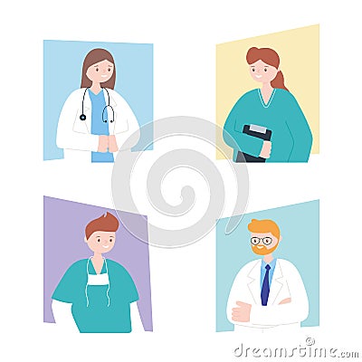 Doctors and nurses, physicians nurses male female cartoon character medical staff Vector Illustration