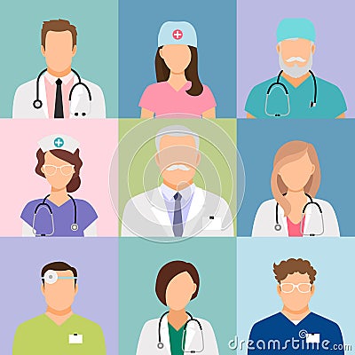 Doctors and nurses profile icons Vector Illustration