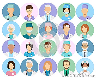 Doctors and nurses profile vector icons. Surgeon and therapist, oculist and nutritionist avatars. Doctors of different Vector Illustration