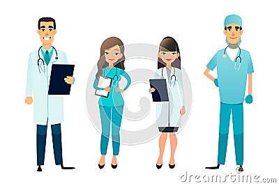 Doctors and nurses team. Cartoon medical staff. Medical team concept. Surgeon, nurse and therapist on hospital Vector Illustration