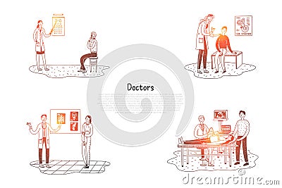 Doctors - oculist, surgeon, otolaryngologist, therapist with patients vector concept set Vector Illustration
