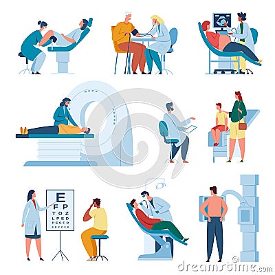Doctors and patients. Doctor consulting patient at clinic. Professional medical staff at work. Patient examination or Vector Illustration