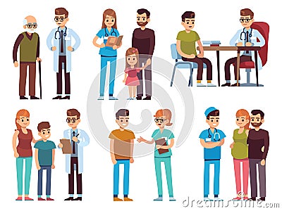 Doctors and patients. Medicine office staff hospital diagnosis treatment patient clinic doctor nurse professional help Vector Illustration