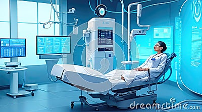 Doctors and patients use VR technology. Future medical technology uses AI robots for diagnosis. Stock Photo