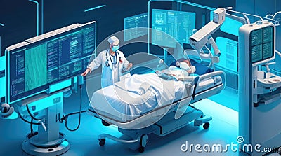 Doctors and patients use VR technology. Future medical technology uses AI robots for diagnosis. Stock Photo