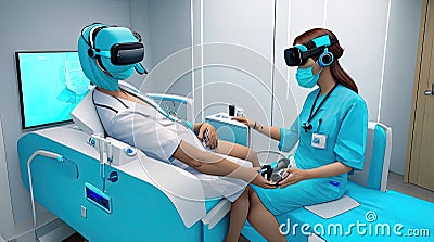 Doctors and patients use VR technology. Future medical technology uses AI robots for diagnosis. Stock Photo