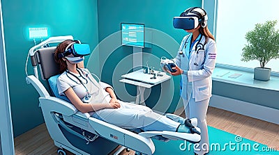 Doctors and patients use VR technology. Future medical technology uses AI robots for diagnosis. Stock Photo