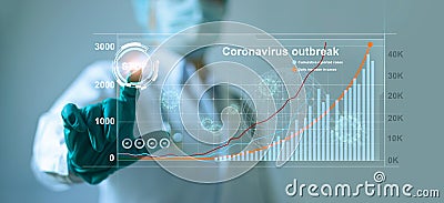 Doctors press the button to stop the infection of the coronavirus that has a graph and the outbreak chart of pandemic spread Stock Photo