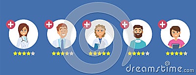 Doctors rating. Five star rating concept. Search good doctor. Medical staff reviews vector illustration Vector Illustration