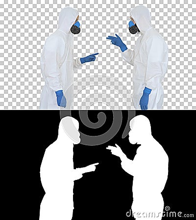 Doctors or scientists in hazamat suits meet and shake hands, Alpha Channel Stock Photo