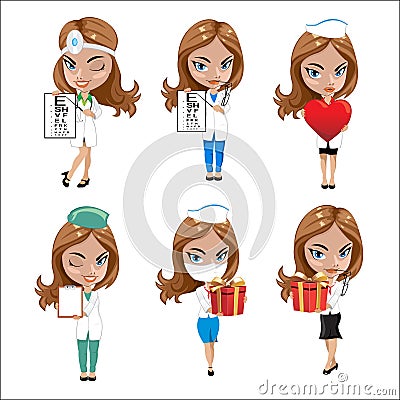 Doctors set of girls in various poses, woman doctor, nurse, health worker with different objects Vector Illustration