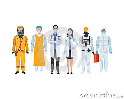 Doctors staff wearing medical masks and biosafety suit Vector Illustration