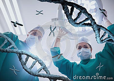 Doctors standing with 3D DNA strands Stock Photo