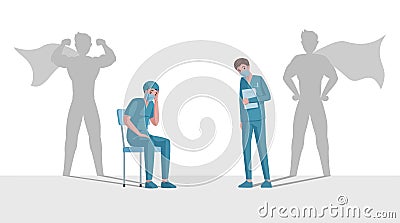 Doctors with superhero shadows during global pandemic of covid-19 vector flat cartoon illustration. Vector Illustration