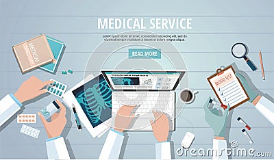 Doctors table Workplace. Medicine concept. X-ray lungs, computer and pills. Vector Illustration