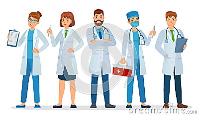 Doctors team. Healthcare workers, medical hospital nurse and doctor with stethoscope standing together cartoon vector Vector Illustration