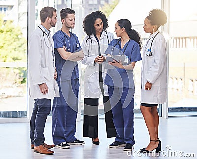 Doctors, teamwork and medical discussion in hospital for surgery planning, agenda report and schedule. Diversity group Stock Photo