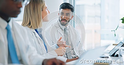 Doctors, teamwork and meeting in group planning, management and hospital strategy or healthcare solution. Professional Stock Photo