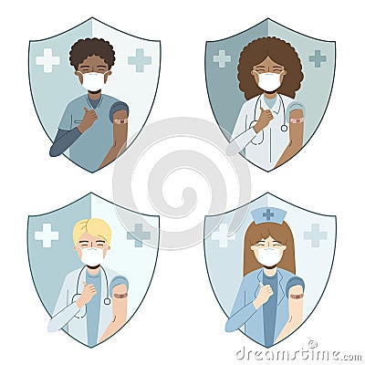 Happy different doctors and nurses in medical face masks raising thumbs up after coronavirus vaccine set. Vector Illustration